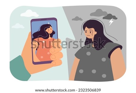 Sad girl looking at happy girl on photo vector illustration. Cartoon drawing of upset woman with low self-esteem looking at phone screen in big hand. Beauty standards, social media concept