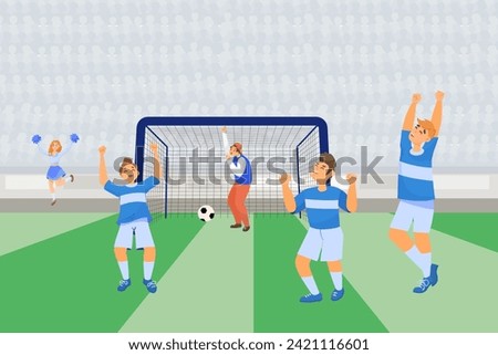 Football team celebrating victory vector illustration. Sportsmen shooting goal at big stadium in front of audience. Football, team, championship, sport events concept