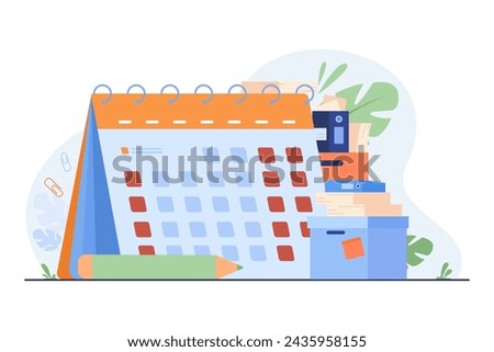 Huge calendar with four working days and three days-off. Pencil, box and folders with documents. Short working week. Vector illustration. Four day working week concept