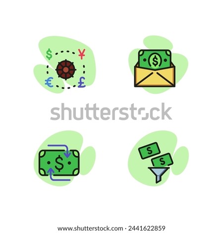 Money line icon set. World currency, money filter, dollar banknote, envelope with money. Finance concept. Can be used for topics like economy, exchange, business.