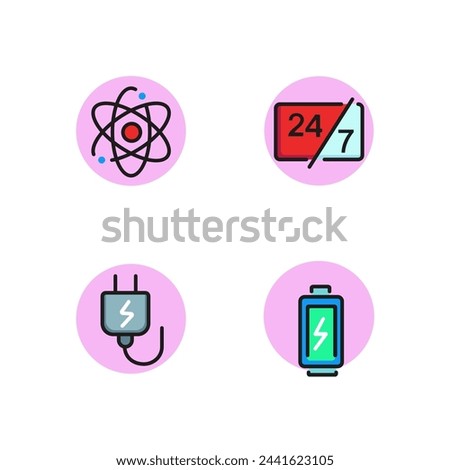Renewable energy line icon set. Electric plug, battery, nuclear power, twenty four hours and seven days. Can be used for topics like technology, equipment, service, support, electronics.