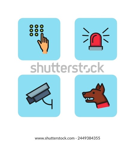 Alarm line icon set. Secret code, surveillance camera, dog and light signal. Security concept. Can be used for signboards and web design