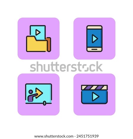 Playing video line icon set. Folder with video on computer, phone with play sign, person presses the play button, film strip. Watching video concept. Vector illustration for web design and apps