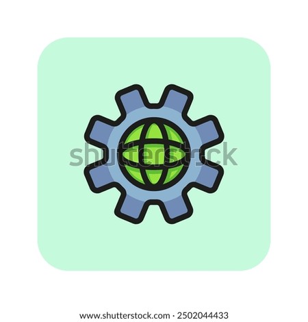 Planet in gear line icon. Web, technology, modern. Tech progress concept. Vector illustration can be used for topics like technology, internet, web