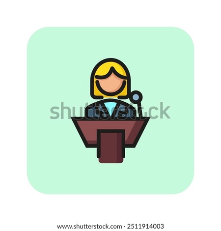 Woman making speech line icon. Woman, tribune, microphone. Gender concept. Vector illustration can be used for topics like communication, gender identification, sociality