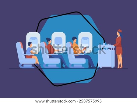 Air trip with comfort flat vector illustration. Passengers waiting for airline meal. People travelling by plane and sitting near airplane window. Airline, tourism and journey concept.