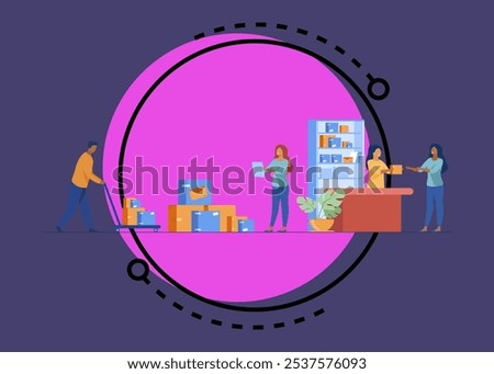 Postman giving parcel to customer in post office. Courier removing boxes from handcart. Vector illustration for shipping, delivery, logistic service concept