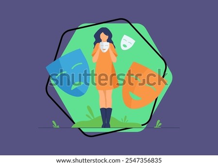 Person covering emotions, searching identity. Woman trying on carnival masks with happy or sad expressions. Vector illustration for psychology, mood changes, personality concept