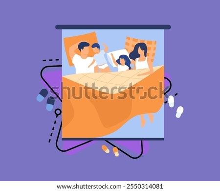 Couple of parents and two children sleeping in double bed. Mom and dad hugging cute asleep kids. Vector illustration for love, family weekend, taking nap concept