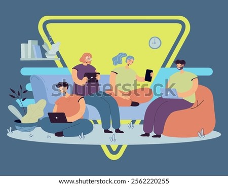 Group of friends with digital devices meeting at home, sitting together. People using laptops, tablet, mobile phone for internet and social media browsing, For communication, public access concept