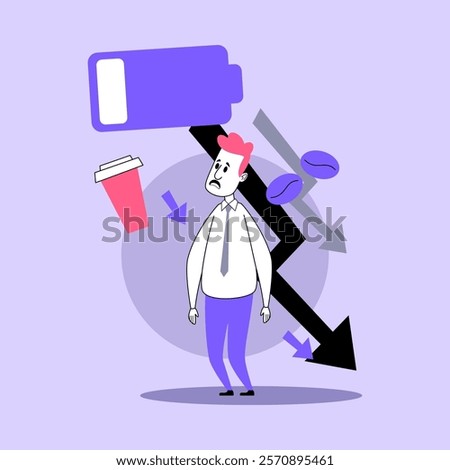 Overworked businessman vector illustration. Tired manager with huge discharged battery and arrows down on background. Business and burnout concept