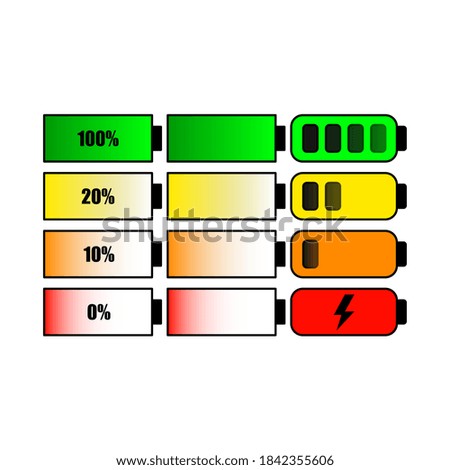 Vector set of mobile device charge indicator. Indicator of indications of charging the battery of a mobile phone. Tablet screen. Computer. Modern technologies. Accumulate voltage. Background image.