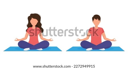 Woman and man are meditating. Meditation in the lotus position. Couple meditation. Meditation, sport, healthy lifestyle. Vector illustration in a flat style. Isolated on a white background.