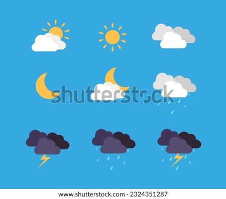 Nine different weather icons on a blue background. Vector illustration in flat style.