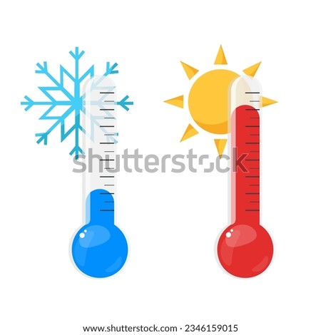 Transparent thermometers. Vector hot and cold temperature thermometers with sun and snow symbols. Celsius and Fahrenheit.
