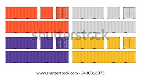 Large shipping containers. Set of cargo containers in different colors. Vector illustration. Isolated on white background.