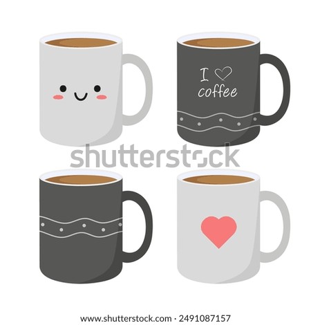 Set of coffee mugs. Mugs in cartoon style. Vector illustration in a flat style. Isolated on a white background.