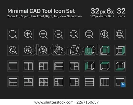 CAD Icons 07 Dark Zoom Fit Object Pan Front Right Top View Separation 