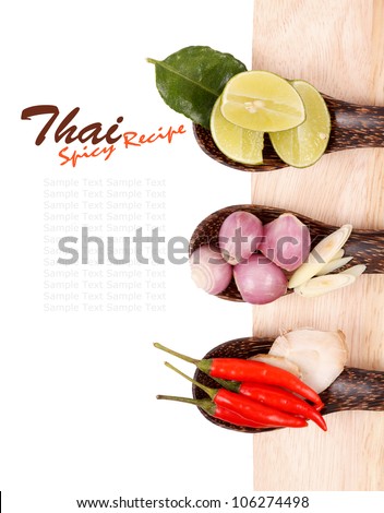 Spicy Thai food ingredients chili, lime,ginger,red onion,lemongrass isolated