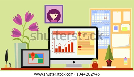 Concept of workplace with computer and office equipment. Vector illustration.