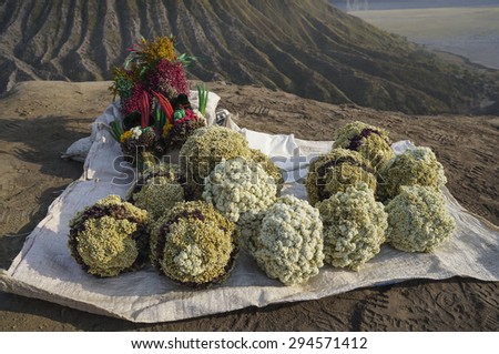 BORMO - JUNE 14, 2015: flower for offering for sale near the foot of Mount Bromo at Bromo Tengger Semeru National Park, Indonesia.