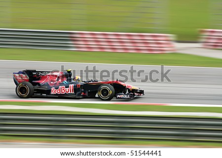 SEPANG, MY - APRIL 4: Mark Webber of Red Bull Racing Team speeding during the F1 Petronas Malaysian Grand Prix 2010 on April 4, 2010 in Sepang, Malaysia.