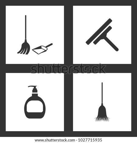 Vector Illustration Set Cleaning Icons. Elements of Broom, dustpan, Glass scraper, Hand cleaning and Sweeping broom icon on white background