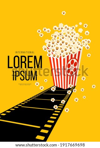 Movie and film poster design template background with retro filmstrip and popcorn. Can be used for backdrop, banner, brochure, leaflet, flyer, print, publication, vector illustration
