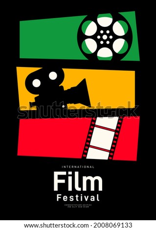 Movie poster design template background with vintage film reel and camera. Can be used for backdrop, banner, brochure, leaflet, flyer, print, publication, vector illustration
