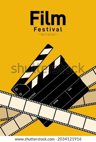 Movie and film poster design template background with film slate and filmstrip. Can be used for backdrop, banner, brochure, leaflet, flyer, print, publication, vector illustration