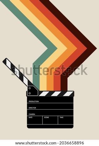 Movie and film poster design template background with film slate and colorful stripe line. Can be used for backdrop, banner, brochure, leaflet, flyer, print, publication, vector illustration