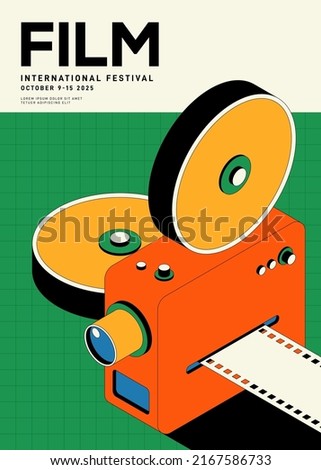 Movie poster design template background with vintage film camera. Can be used for backdrop, banner, brochure, leaflet, flyer, print, publication, vector illustration