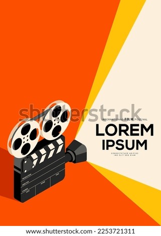 Movie and film poster design template background with film slate. Can be used for backdrop, banner, brochure, leaflet, flyer, print, publication, vector illustration