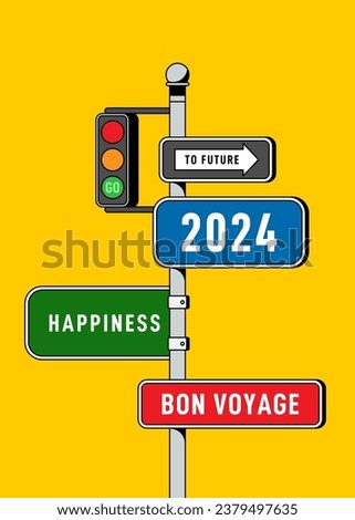 2024 new year background with travel signpost modern vintage retro style. Design element template can be used for wallpaper, backdrop, brochure, print, greeting card, vector illustration