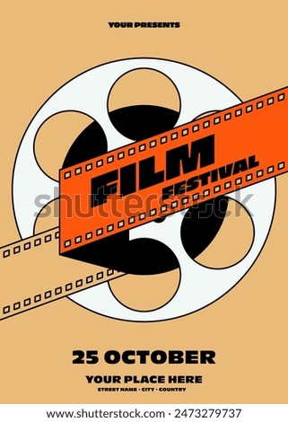 Movie and film festival poster template design with filmstrip modern vintage retro style. Design element can be used for  banner, brochure, leaflet, flyer, print, vector illustration