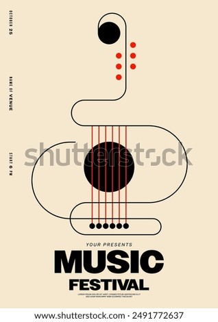 Acoustic guitar minimal geometric black line vintage retro style. Music festival poster template design background. Graphic element for print, brochure, leaflet, flyer, vector illustration