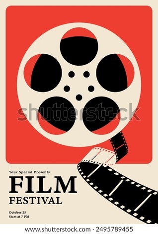 Movie and film festival poster template design. Film reel and filmstrip vintage retro style. Design element can be used for  banner, brochure, leaflet, flyer, print, vector illustration