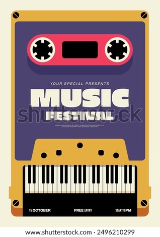 Music concert festival template design. Cassette tape and piano key. Sound equipment minimal style. Design element for backdrop, banner, brochure, print, vector illustration