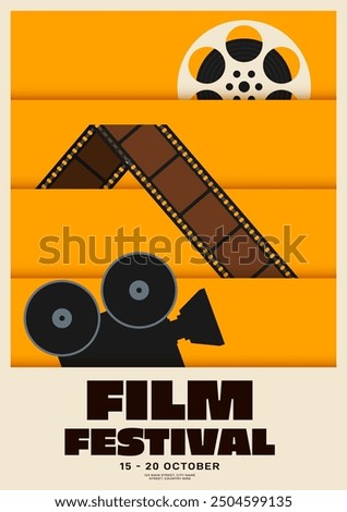 Film and movie festival poster design template background decorated with film reel, filmstrip, retro camera separated on yellow layers. Design element for flyer, print, brochure, vector illustration