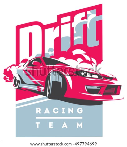 Burnout car, Japanese drift sport car, JDM, racing team, turbocharger, tuning. Vector illustration for sticker, poster or badge