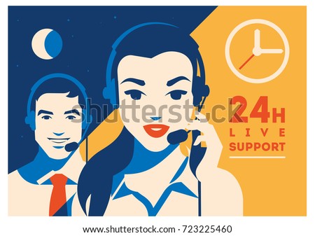 Call center operator with headset poster. Client services and communication, customer support, phone assistance.