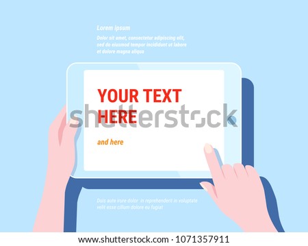 Hand holding tablet computer with white screen. Trendy modern flat blue color design for web, website, banner, mobile app. Using digital pc similar to ipad. Vector illustration
