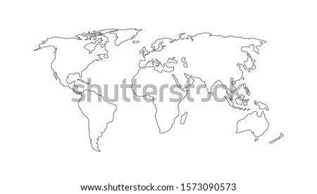 World map. Hand drawn simple stylized continents silhouette in minimal line outline thin shape. Isolated vector illustration on white background. Design elements, template for laser cutting