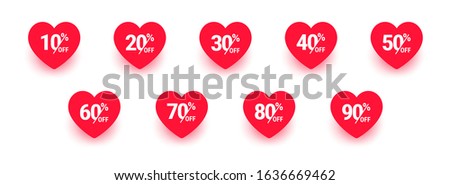 Sale label, Heart icon set. Love sticker collection. From 10, 20, 30, 40, 50, 60, 70, 80 to 90 percents off. Valentines day sign. Happy Women`s Day 8 march. Vector illustration isolated on white