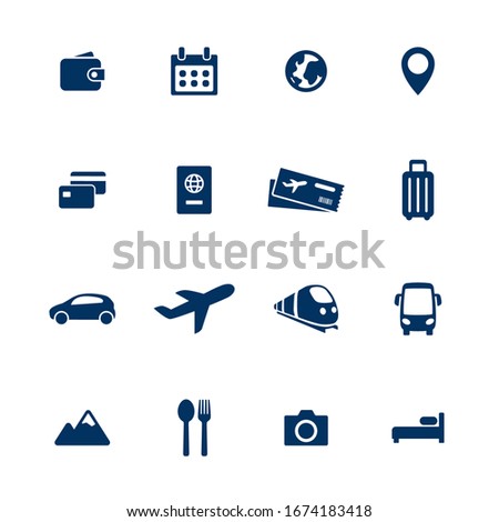 Travel vector icon set. Tour sign collection. Simple flat design  shape silhouette. Universal travel icons for web mobile app UI Modern elements isolated on white.