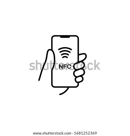 NFC technology vector icon. Hand holding Phone, Smartphone, wawe simple line outline  sign. Near Field Communication nfc payment concept. Flat design isolated on white.