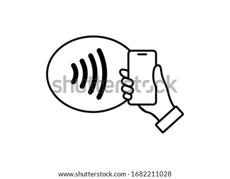 NFC technology vector icon. Hand holding Phone, Smartphone, wawe simple line outline  sign. Near Field Communication nfc payment concept. Flat design isolated on white.