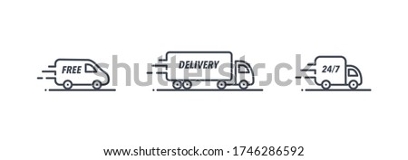 Truck vector icon set. Van, semi truck, delivery service logo collection isolated on white. Moving car line outline thin sign flat design. Logistics trucking business concept.