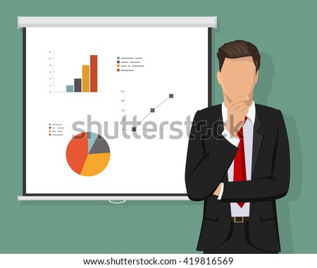 Successful confident businessman thinking about decisions, standing in front of Projector Screen full with graph pie charts and calculations concept. Vector Flat illustration. Cartoon man face off
