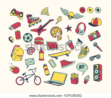 Doodle Icon Set For Teenagers Colored Hand Drawn Collection Sport Food Music